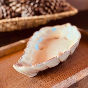 Frankoma #225 Vintage Pottery Leaf Dish Snack Candy Nut Leaf Dish Brown + Cream